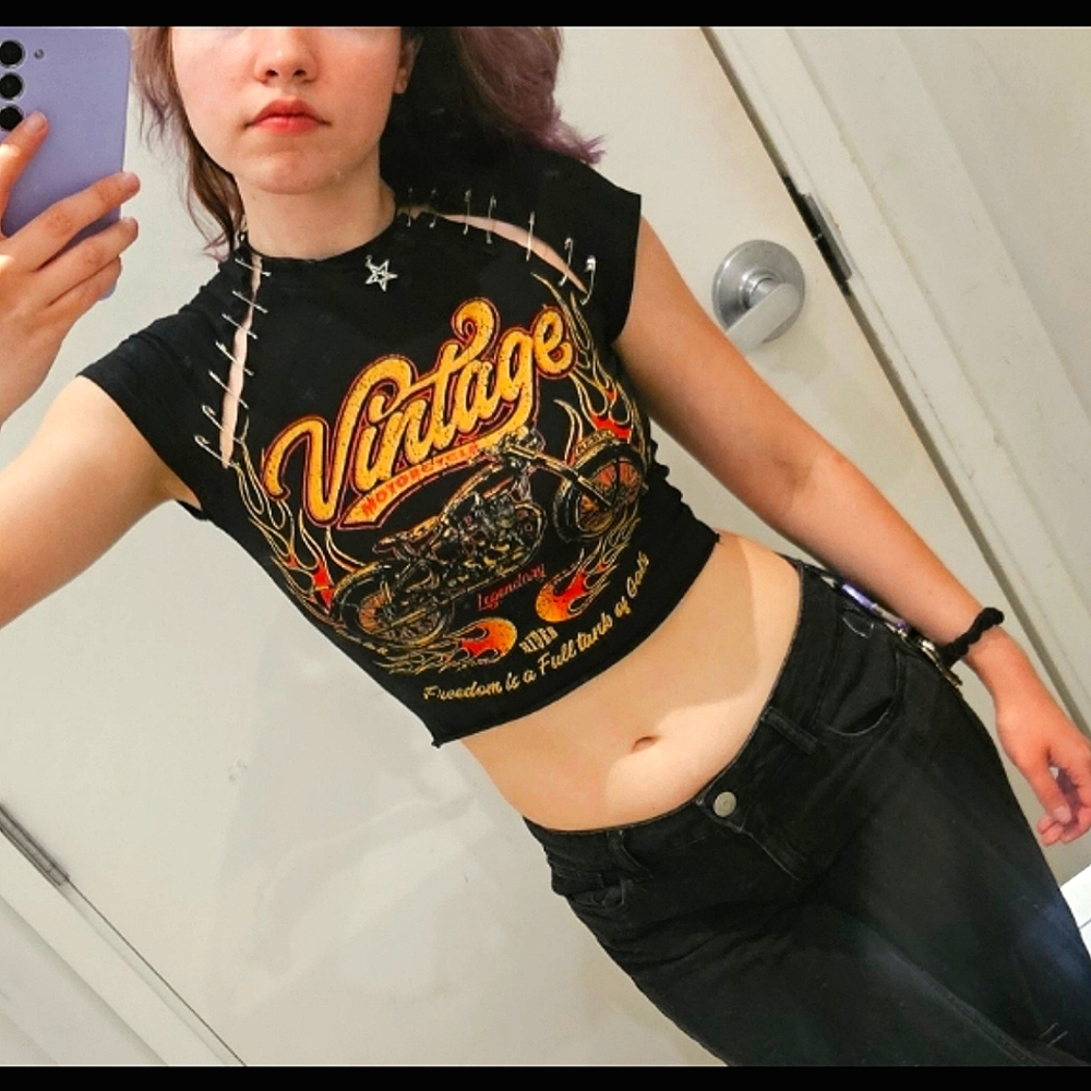 Vintage Motorcycle Cap Sleeve Crop Top